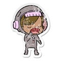 distressed sticker of a cartoon astronaut woman yawning