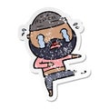 distressed sticker of a cartoon bearded dancer crying
