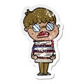 distressed sticker of a cartoon boy with books wearing spectacles