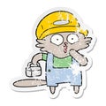 distressed sticker of a cartoon cat builder stopping for lunch Royalty Free Stock Photo