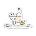 distressed sticker of a cartoon drinks on tray