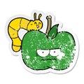 distressed sticker of a cartoon grumpy apple and caterpillar Royalty Free Stock Photo