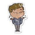 distressed sticker of a cartoon peaceful man shrugging