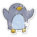 distressed sticker of a cartoon penguin jumping for joy