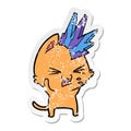 distressed sticker of a cartoon punk rock cat hissing