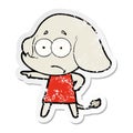 distressed sticker of a cartoon unsure elephant girl pointing