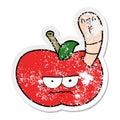 distressed sticker of a cartoon worm eating an angry apple Royalty Free Stock Photo