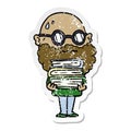 distressed sticker of a cartoon worried man with beard and stack of books Royalty Free Stock Photo