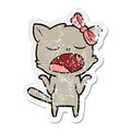 distressed sticker of a cartoon yawning cat shrugging shoulders