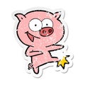 distressed sticker of a cheerful dancing pig cartoon