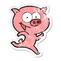 distressed sticker of a cheerful running pig cartoon