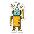 distressed sticker of a cute cartoon malfunctioning robot Royalty Free Stock Photo