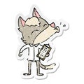 distressed sticker of a howling office wolf cartoon