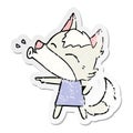 distressed sticker of a howling wolf in dress cartoon