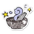 distressed sticker of a quirky hand drawn cartoon magic pestle and mortar Royalty Free Stock Photo