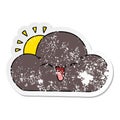 distressed sticker of a quirky hand drawn cartoon sun and happy storm cloud