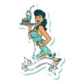 distressed sticker tattoo style icon of a pinup waitress girl with banner Royalty Free Stock Photo