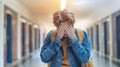 Distressed teenage boy in school corridor with text space student coping with struggles