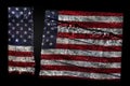 Distressed US flag split in two representing American political division Royalty Free Stock Photo