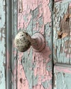 Distressed Vintage Bathroom Cabinet with Shabby Chic Details, Vibrant Painting, Neutrals, Door Knob, Art Composition