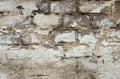 Distressed Weathered Brick Wall with Peeled off Plaster. White Grey Color Shades with Grungy Ragged Texture. Cracked Stained Royalty Free Stock Photo