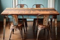 distressed wooden dining table with metal chairs