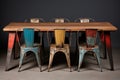 distressed wooden dining table with metal chairs