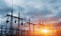 Distribution electric substation with power lines and transformers Royalty Free Stock Photo
