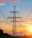 Distribution electric substation with power lines and transformers, at sunset Royalty Free Stock Photo