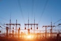 Distribution electric substation with power lines and transformers, at sunset Royalty Free Stock Photo