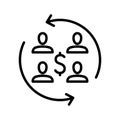 Distribution profits icon. Money coin with people. Income distribution, dividend payment, salary