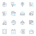 Distribution services linear icons set. Supply, Logistics, Dispatch, Transportation, Dispatching, Allocation, Storage