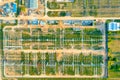 Distribution substation in the middle of the field, power plant and many power lines. Aerial view Royalty Free Stock Photo