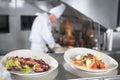 The distribution table in the kitchen of the restaurant. the chef prepares a meal on the background of the finished Royalty Free Stock Photo