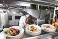 The distribution table in the kitchen of the restaurant. the chef prepares a meal on the background of the finished Royalty Free Stock Photo