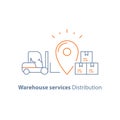 Distribution warehouse, supply storage service, logistics company, fork loader, pallet with stacked boxes, freight load