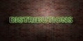 DISTRIBUTIONS - fluorescent Neon tube Sign on brickwork - Front view - 3D rendered royalty free stock picture