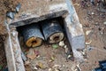District heating pipes exposed during renovation work on construction site Royalty Free Stock Photo
