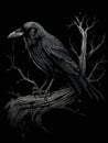 A disturbed raven caws from a twisted branch of a dead tree its wings ruffled as it watches you in the darkness. Gothic