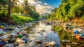 A Grim Reality Plastic Pollution Chokes a River Threatening the Ecosystem and Human Health Royalty Free Stock Photo