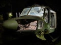 Disused abandoned Helicopter grounded at night with daylight quality lighting to show nose body and component parts