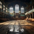 Disused run down, empty school hall, generative ai