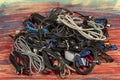 Disused stack of computer cables and devices Royalty Free Stock Photo