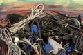 Disused stack of old computer cables and devices Royalty Free Stock Photo