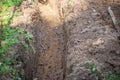 A ditch dug by an excavator in the ground for laying a water supply system. Residential water supply Royalty Free Stock Photo
