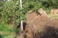 A ditch dug by an excavator in the ground in a village for laying a water supply system. Residential water supply Royalty Free Stock Photo