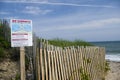 Ditch Plains beach Montauk Long Island New York in the Hamptons with rip current warning sig Royalty Free Stock Photo