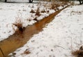 A ditch with red water in a winter park the ground Royalty Free Stock Photo