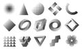 Dithering shapes. Retro 90s style pixel abstract geometric forms, trendy black and white circle and square halftone