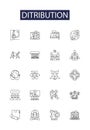 Ditribution line vector icons and signs. Circulate, Spread, Disseminate, Allocate, Disburse, Diffuse, Mete, Partition Royalty Free Stock Photo